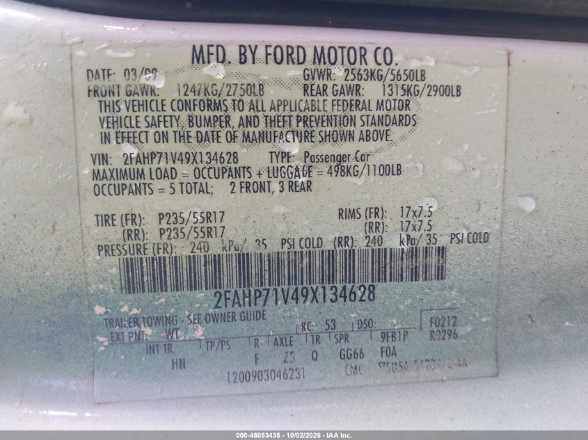 FORD CROWN VICTORIA 2009 VIN 2FAHP71V49X134628