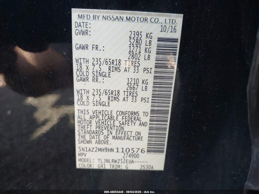 NISSAN MURANO 2017 VIN 5N1AZ2MH9HN110576