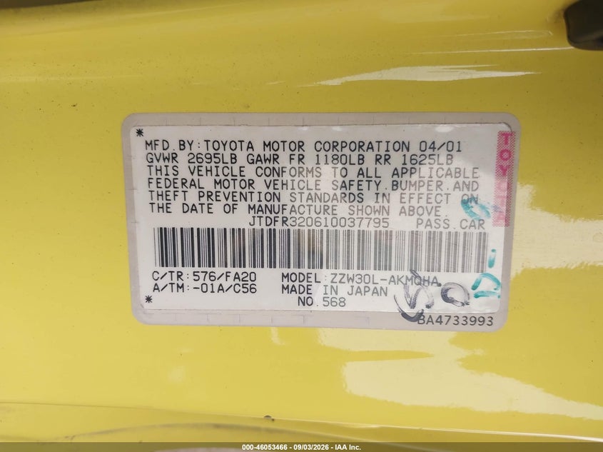 2001 TOYOTA MR2 CABRIO 1.8L I-4 DOHC, VVT, REGULAR , 138HP