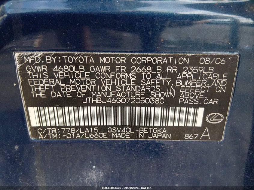 LEXUS ES 350 2007 VIN JTHBJ46G072050380