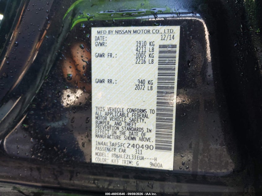 NISSAN ALTIMA 2015 VIN 1N4AL3AP5FC240490