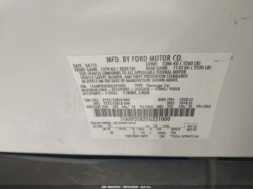 FORD TAURUS 2013 VIN 1FAHP2E82DG221000