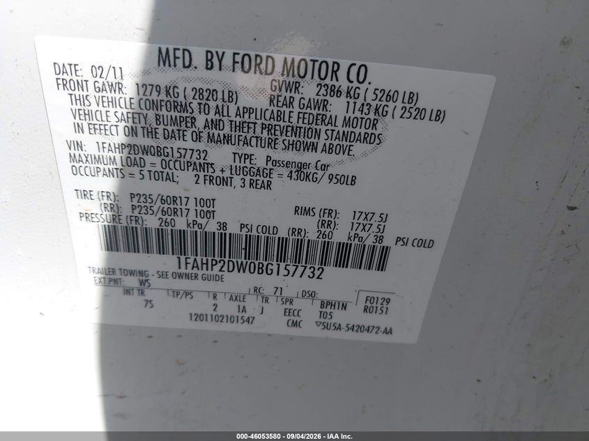 FORD TAURUS 2011 VIN 1FAHP2DW0BG157732