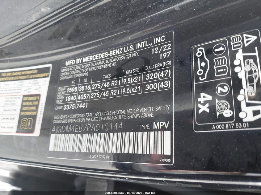 MERCEDES-BENZ EQS 580 SUV 2023 VIN 4JGDM4EB7PA010144