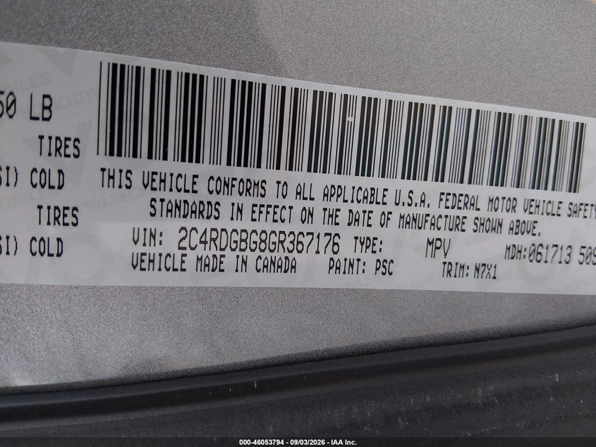 DODGE GRAND CARAVAN 2016 VIN 2C4RDGBG8GR367176