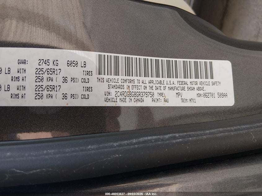DODGE GRAND CARAVAN 2016 VIN 2C4RDGBG8GR379750
