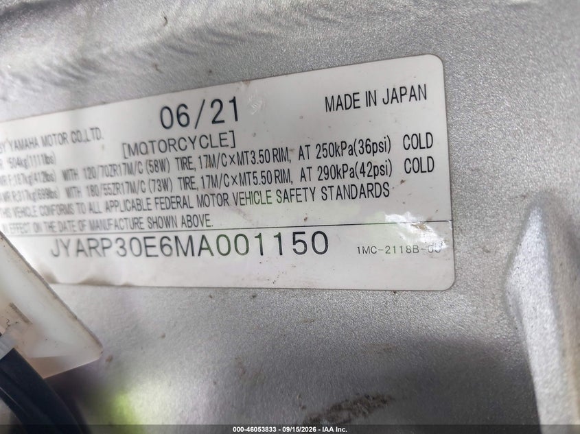 2021 Yamaha Fjr1300 Ae VIN: JYARP30E6MA001150 Lot: 46053833