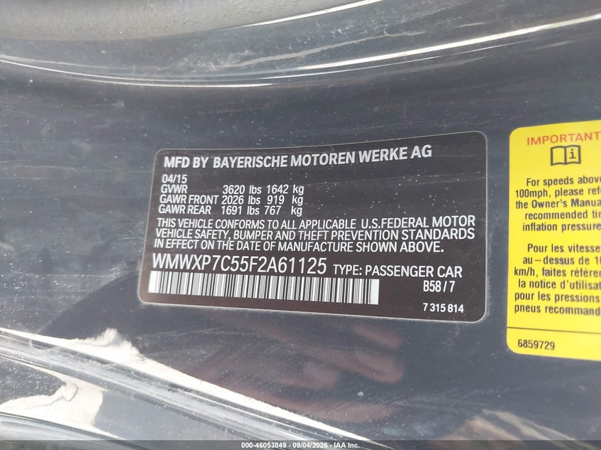 MINI HARDTOP 2015 VIN WMWXP7C55F2A61125