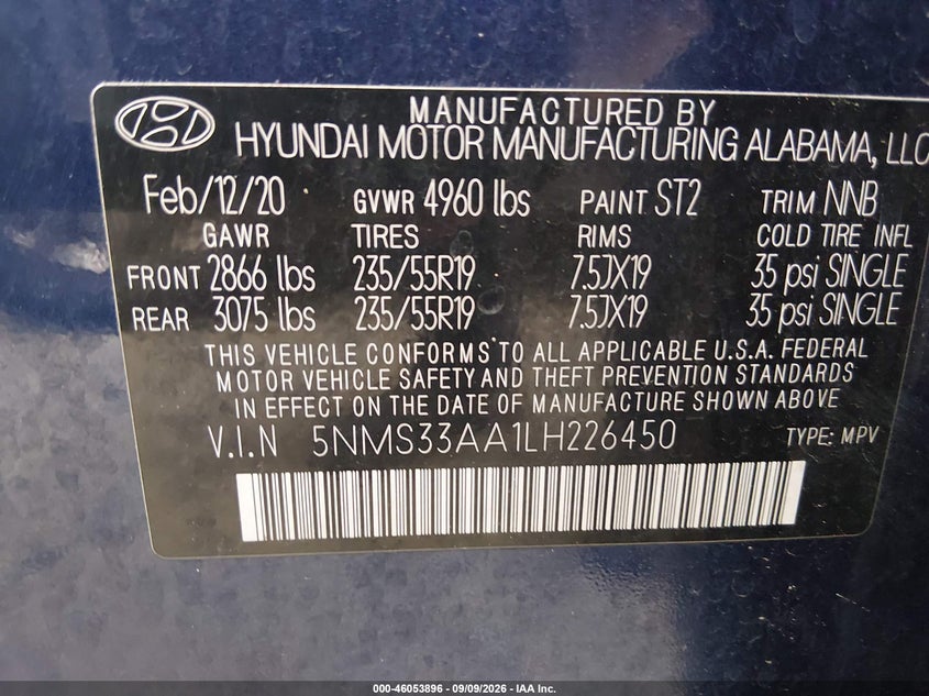 HYUNDAI SANTA FE 2020 VIN 5NMS33AA1LH226450