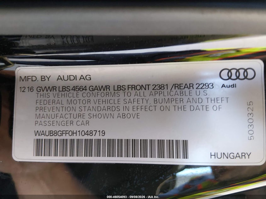 AUDI A3 2017 VIN WAUB8GFF0H1048719