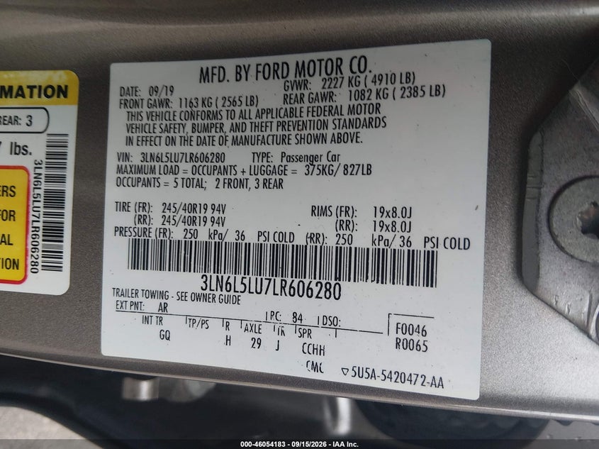 LINCOLN MKZ 2020 VIN 3LN6L5LU7LR606280