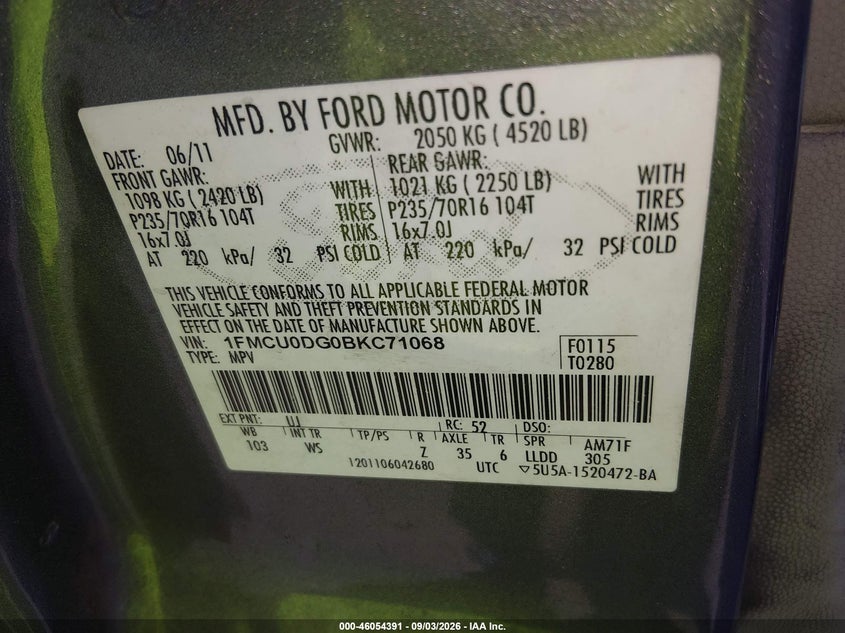 2011 FORD ESCAPE SPORT UTILITY VEHICLE 3.0L V6 FI DOHC 24V NF4