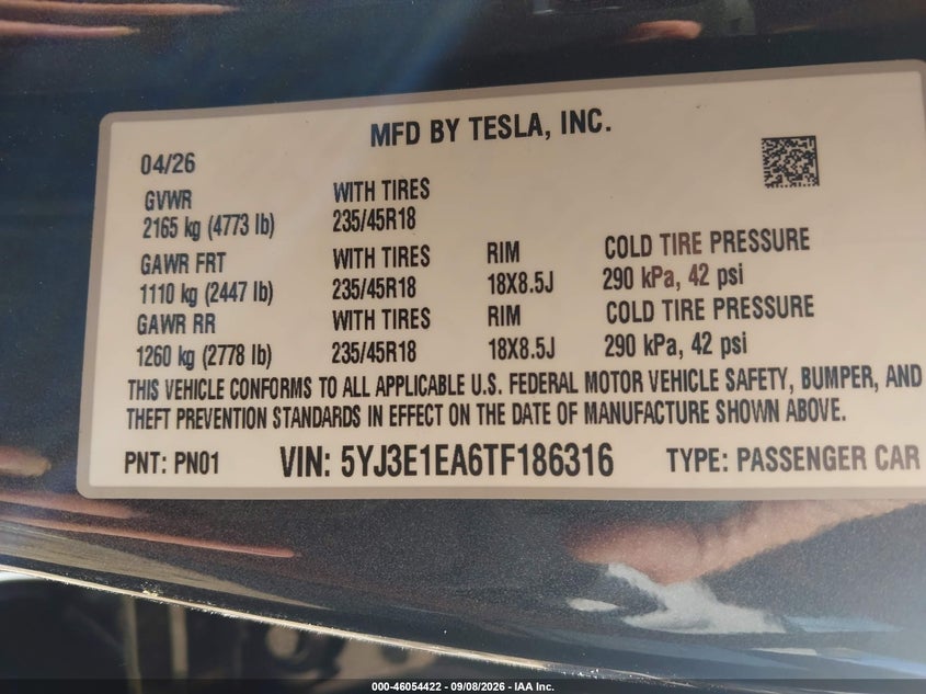 TESLA MODEL 3 2026 VIN 5YJ3E1EA6TF186316