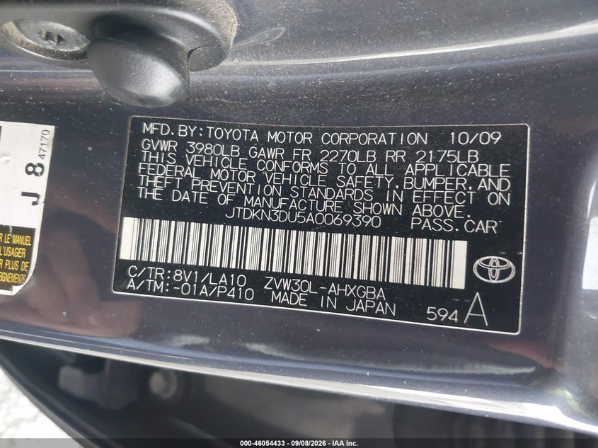 TOYOTA PRIUS 2010 VIN JTDKN3DU5A0069390