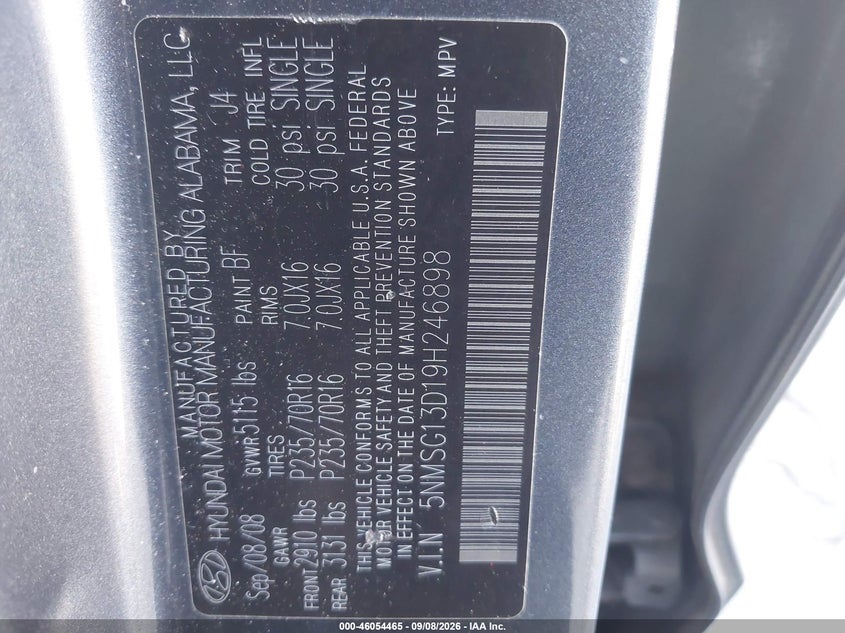 2009 HYUNDAI SANTA FE SPORT UTILITY VEHICLE 2.7L V-6 DOHC, VVT, REGULAR , 185HP