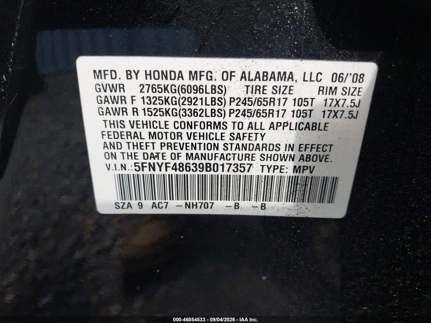 HONDA PILOT 2009 VIN 5FNYF48639B017357