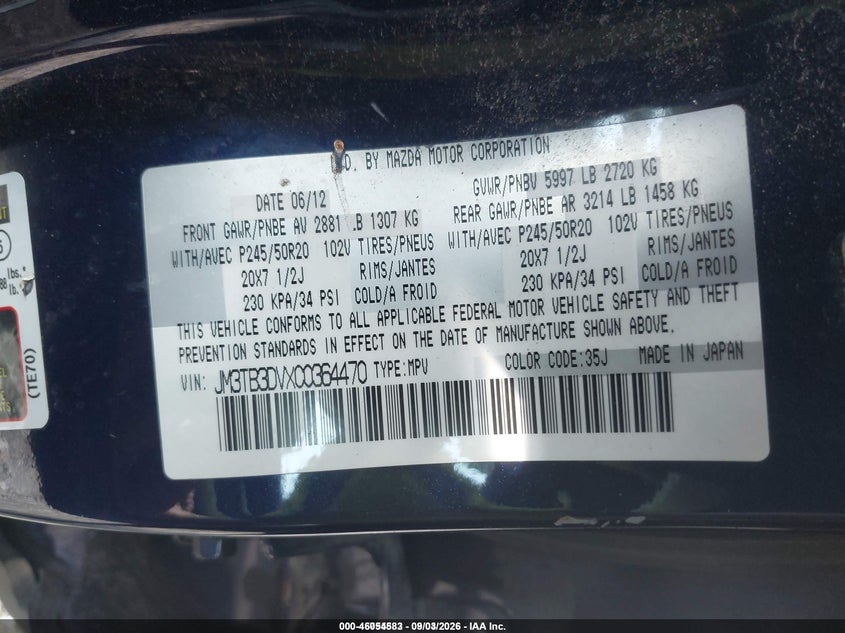 MAZDA CX-9 2012 VIN JM3TB3DVXC0364470