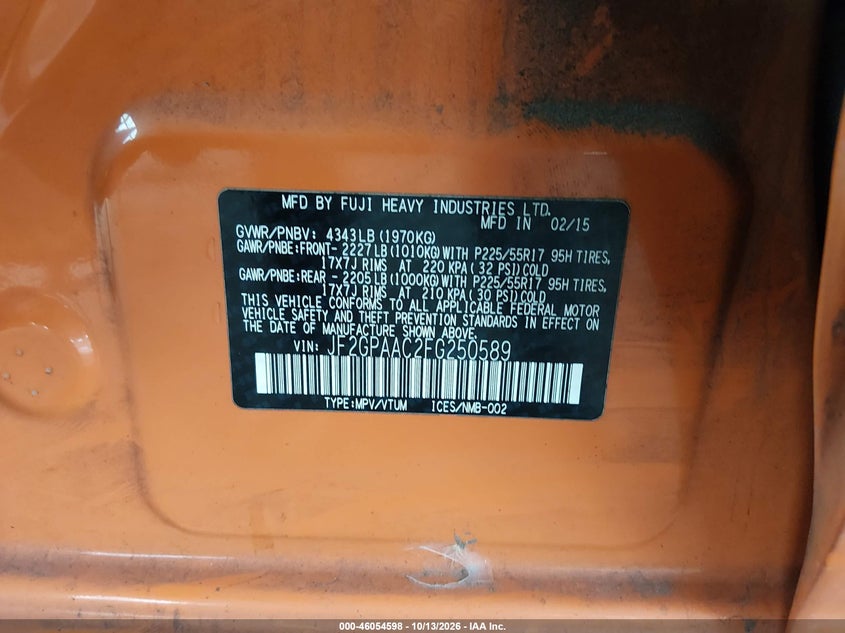 SUBARU XV CROSSTREK 2015 VIN JF2GPAAC2FG250589