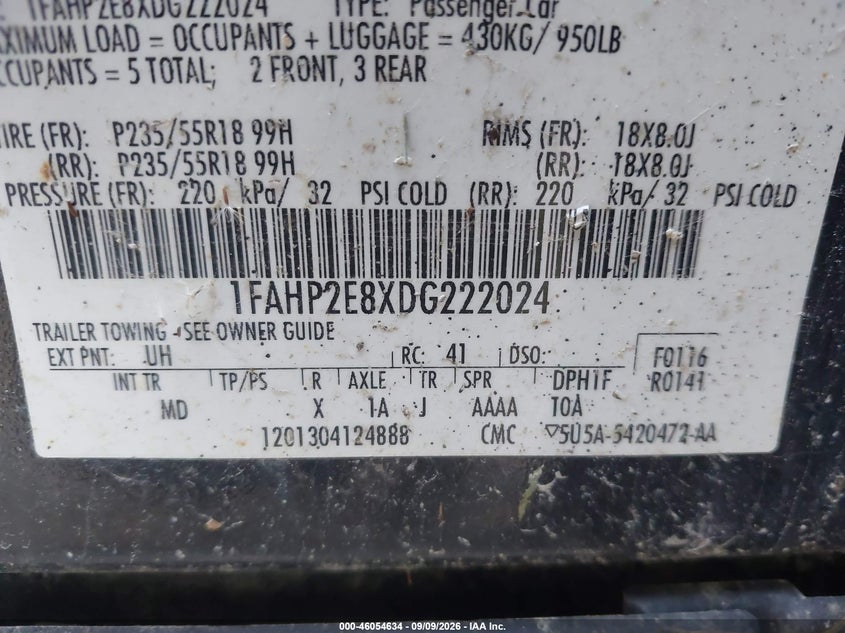 FORD TAURUS 2013 VIN 1FAHP2E8XDG222024