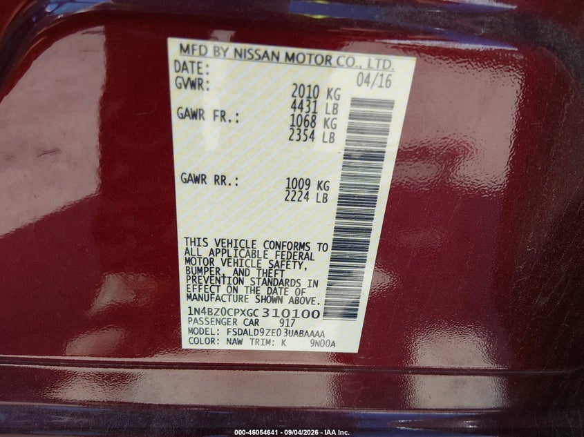 NISSAN LEAF 2016 VIN 1N4BZ0CPXGC310100