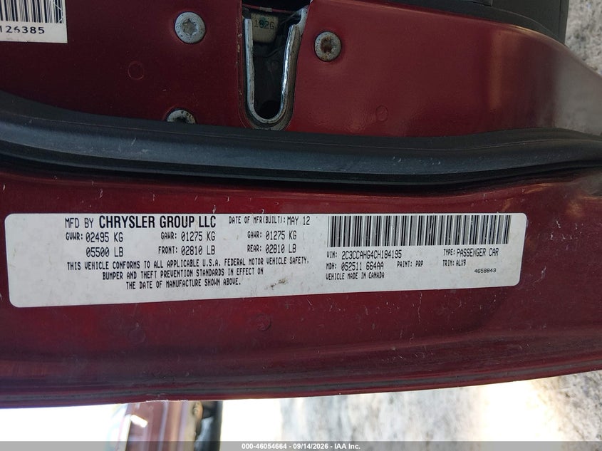 CHRYSLER 300 2012 VIN 2C3CCAHG4CH184195