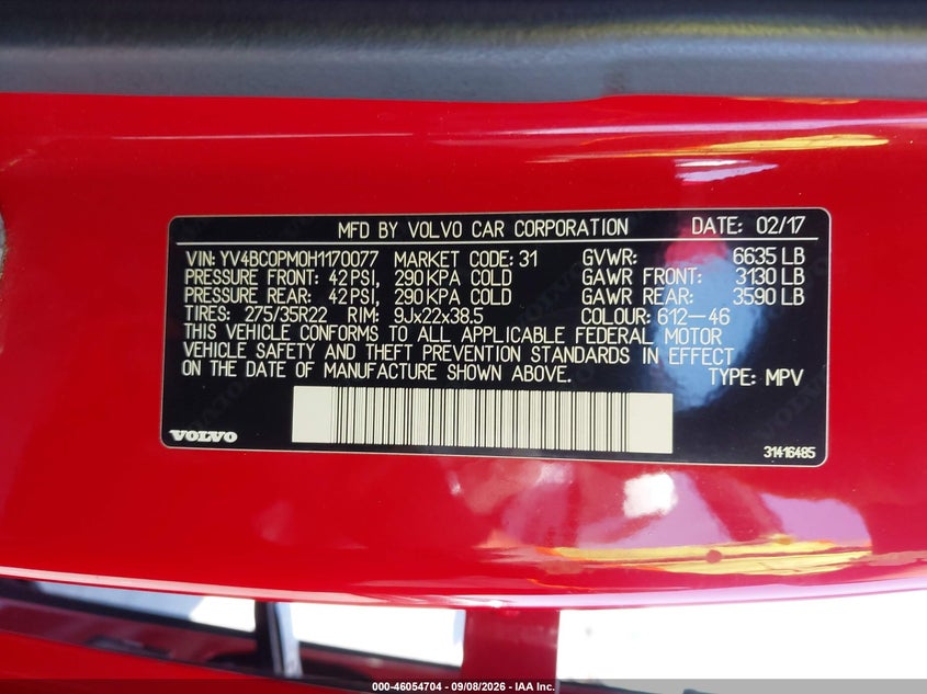VOLVO XC90 HYBRID 2017 VIN YV4BC0PM0H1170077