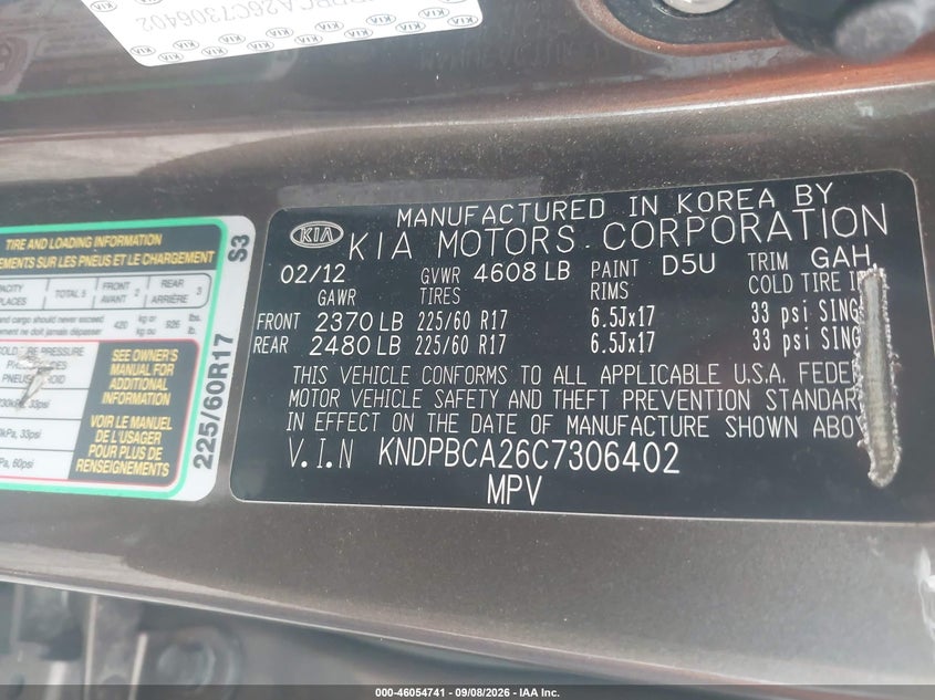 KIA SPORTAGE 2012 VIN KNDPBCA26C7306402