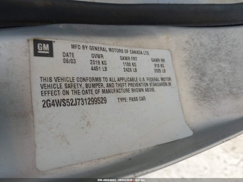 BUICK CENTURY 2003 VIN 2G4WS52J731299529