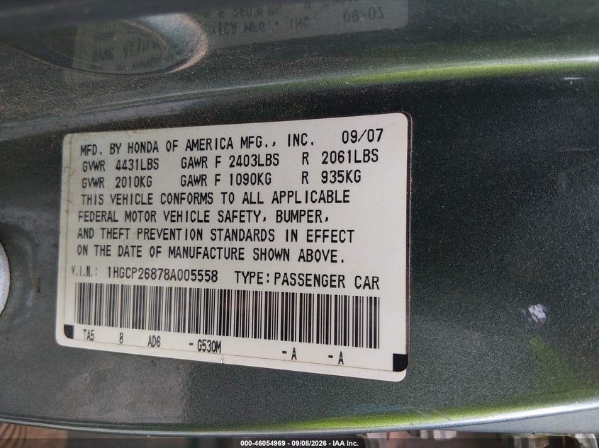 HONDA ACCORD 2008 VIN 1HGCP26878A005558