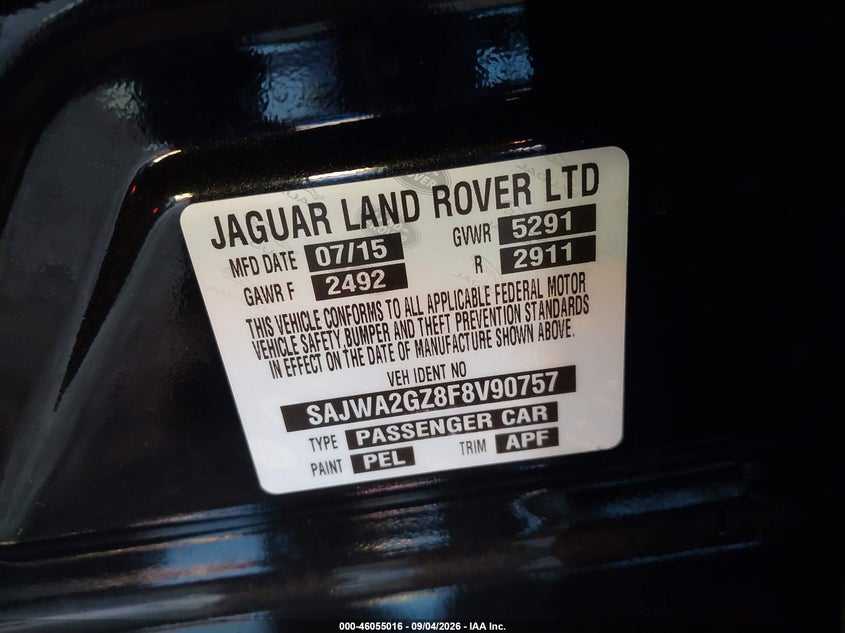 JAGUAR XJ 2015 VIN SAJWA2GZ8F8V90757