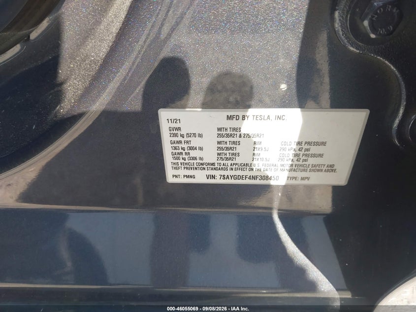 TESLA MODEL Y 2022 VIN 7SAYGDEF4NF308450