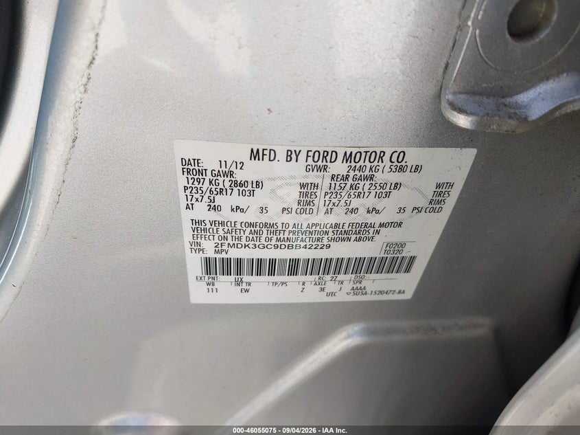FORD EDGE 2013 VIN 2FMDK3GC9DBB42229