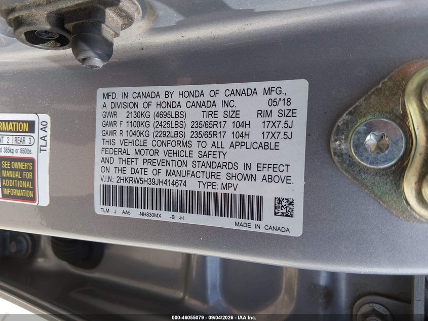 HONDA CR-V 2018 VIN 2HKRW5H39JH414674