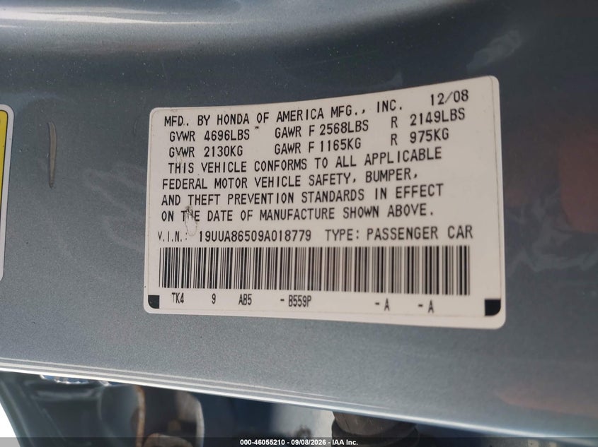 ACURA TL 2009 VIN 19UUA86509A018779