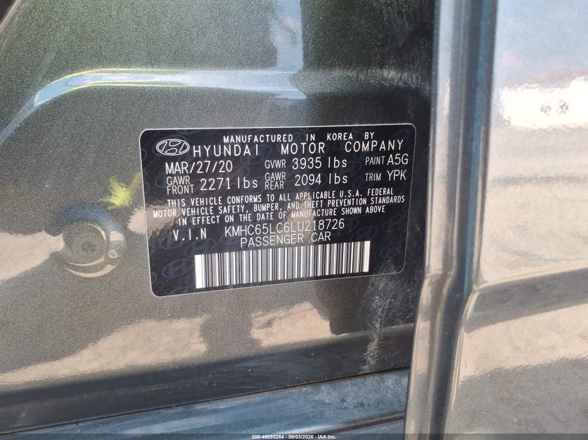 HYUNDAI IONIQ HYBRID 2020 VIN KMHC65LC6LU218726
