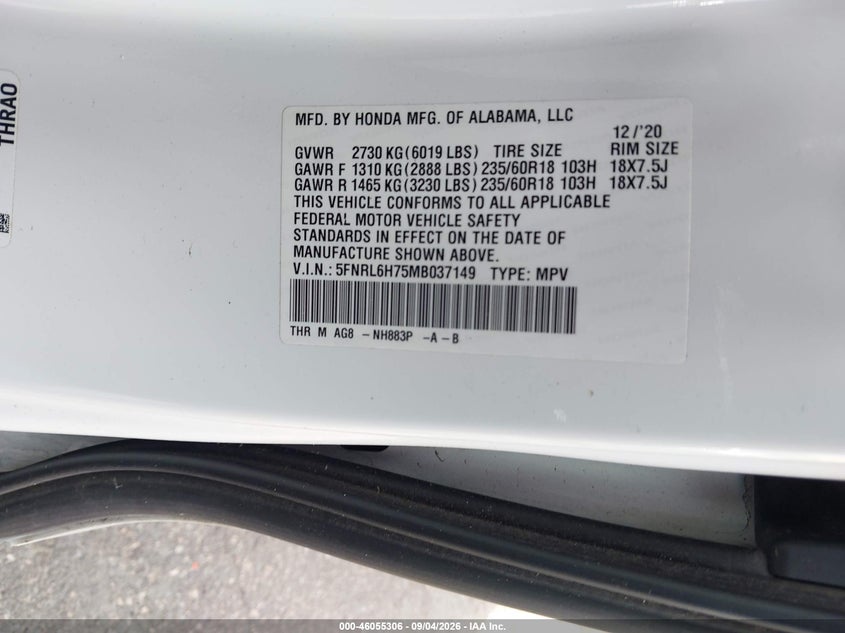 HONDA ODYSSEY 2021 VIN 5FNRL6H75MB037149