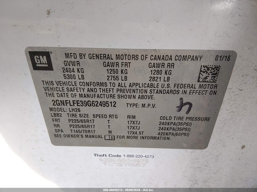 CHEVROLET EQUINOX 2016 VIN 2GNFLFE39G6249512