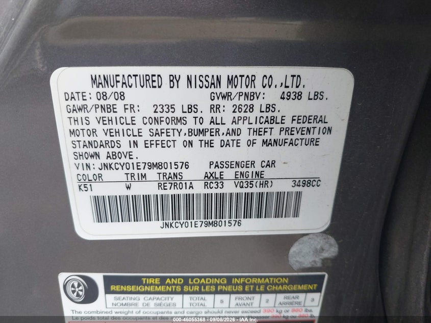 INFINITI M35 2009 VIN JNKCY01E79M801576