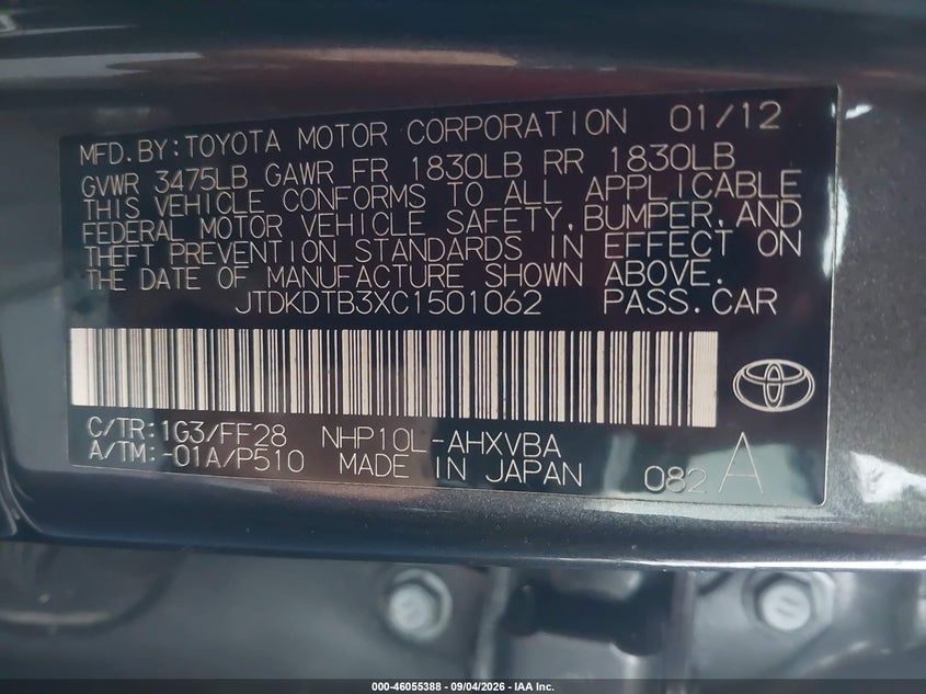 TOYOTA PRIUS C 2012 VIN JTDKDTB3XC1501062
