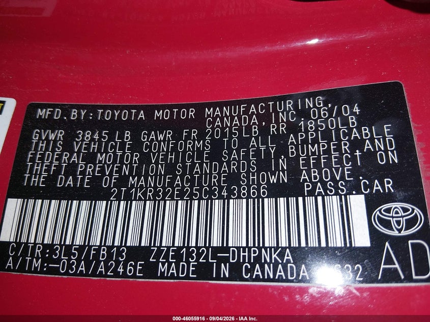 TOYOTA COROLLA MATRIX 2005 VIN 2T1KR32E25C343866
