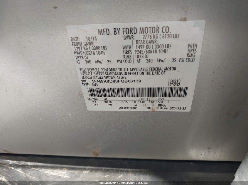 FORD EXPLORER 2015 VIN 1FM5K8D88FGB06139