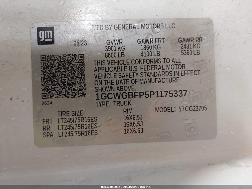 CHEVROLET EXPRESS CARGO 2023 VIN 1GCWGBFP5P1175337
