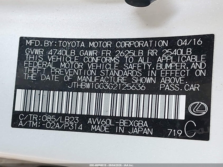 LEXUS ES 300H 2016 VIN JTHBW1GG3G2125636