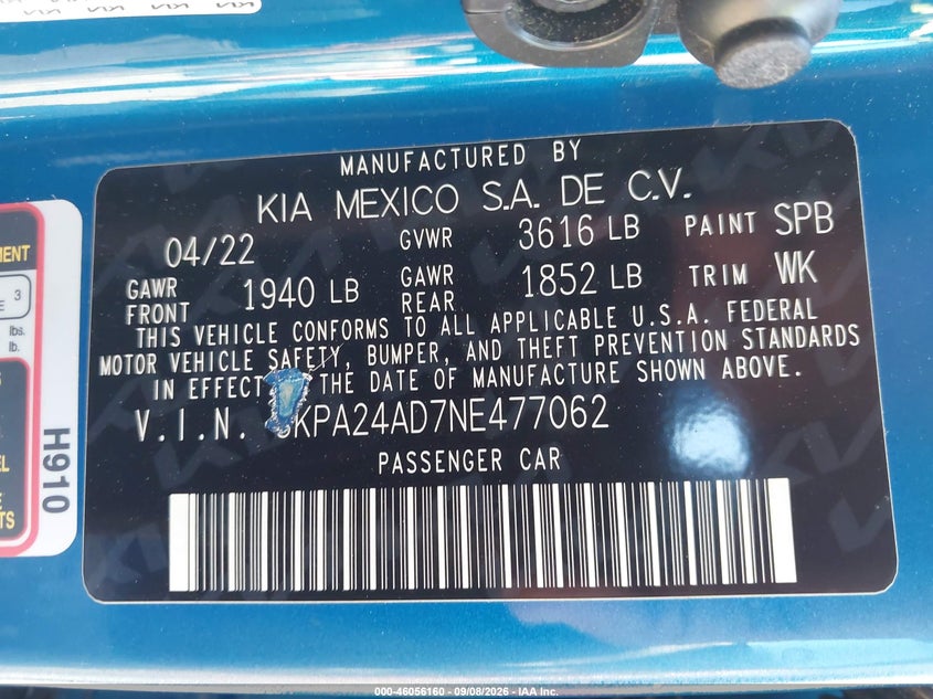KIA RIO 2022 VIN 3KPA24AD7NE477062