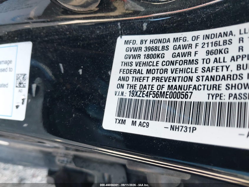 HONDA INSIGHT 2021 VIN 19XZE4F56ME000567