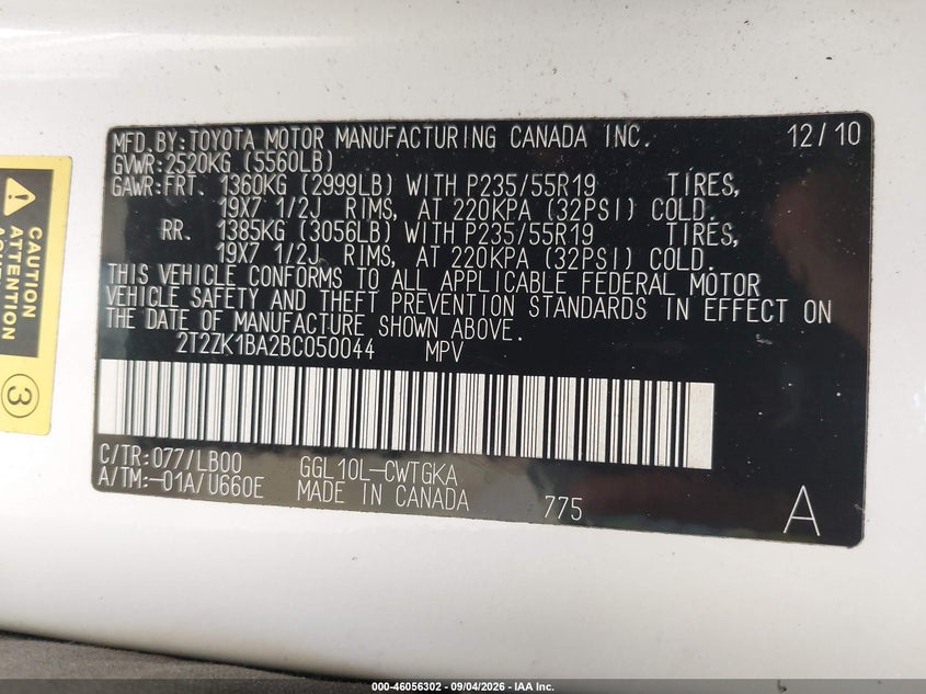 LEXUS RX 350 2011 VIN 2T2ZK1BA2BC050044