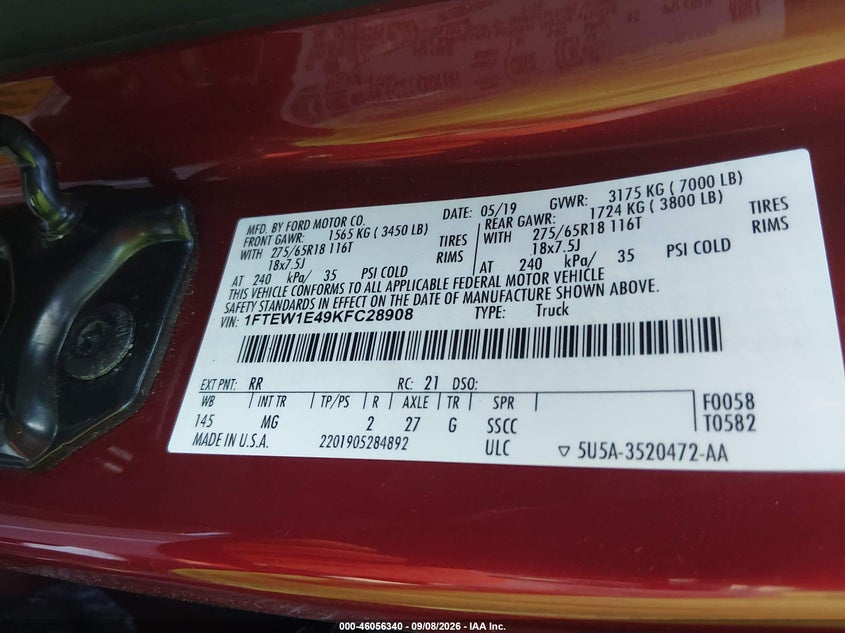 FORD F-150 2019 VIN 1FTEW1E49KFC28908