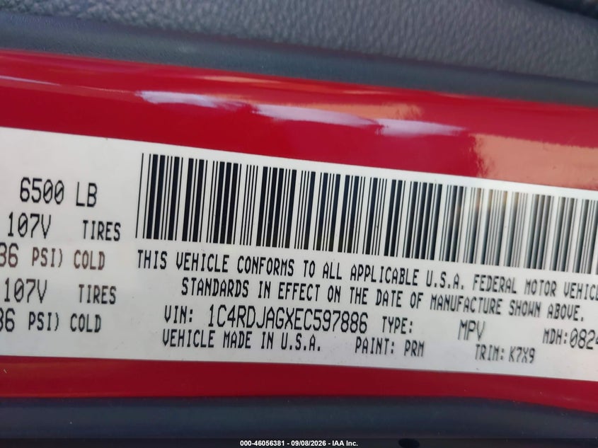 DODGE DURANGO 2014 VIN 1C4RDJAGXEC597886