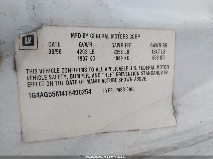 BUICK CENTURY 1996 VIN 1G4AG55M4T6490254