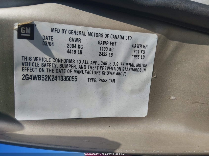 BUICK REGAL 2004 VIN 2G4WB52K241335055